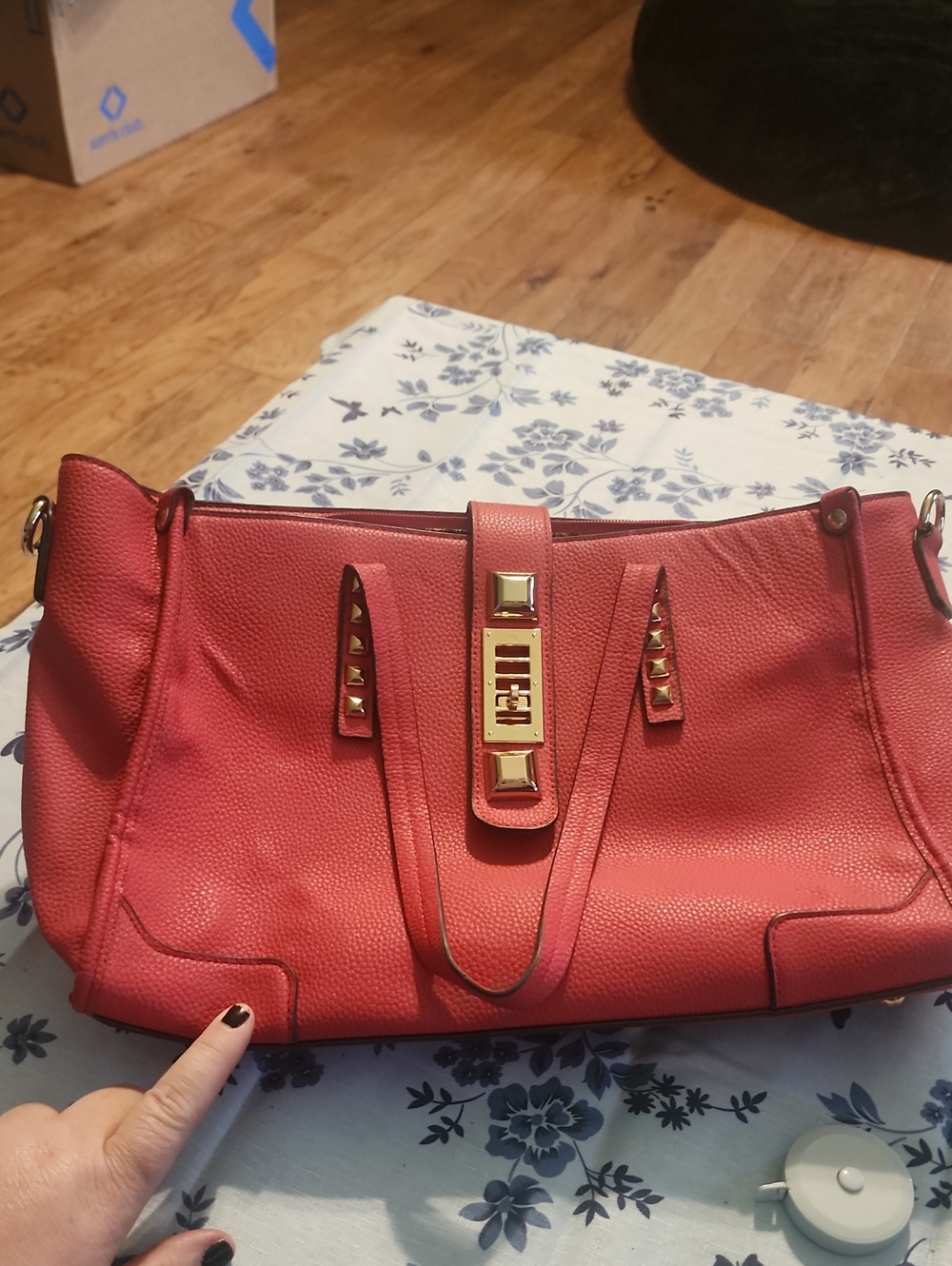 Red Stud-Accent Women’s Leather Shoulder Bag
